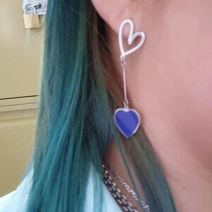 Women Silver Blue Linawe Stainless Steel Asymmetrical Heart Dangle Drop Earrings